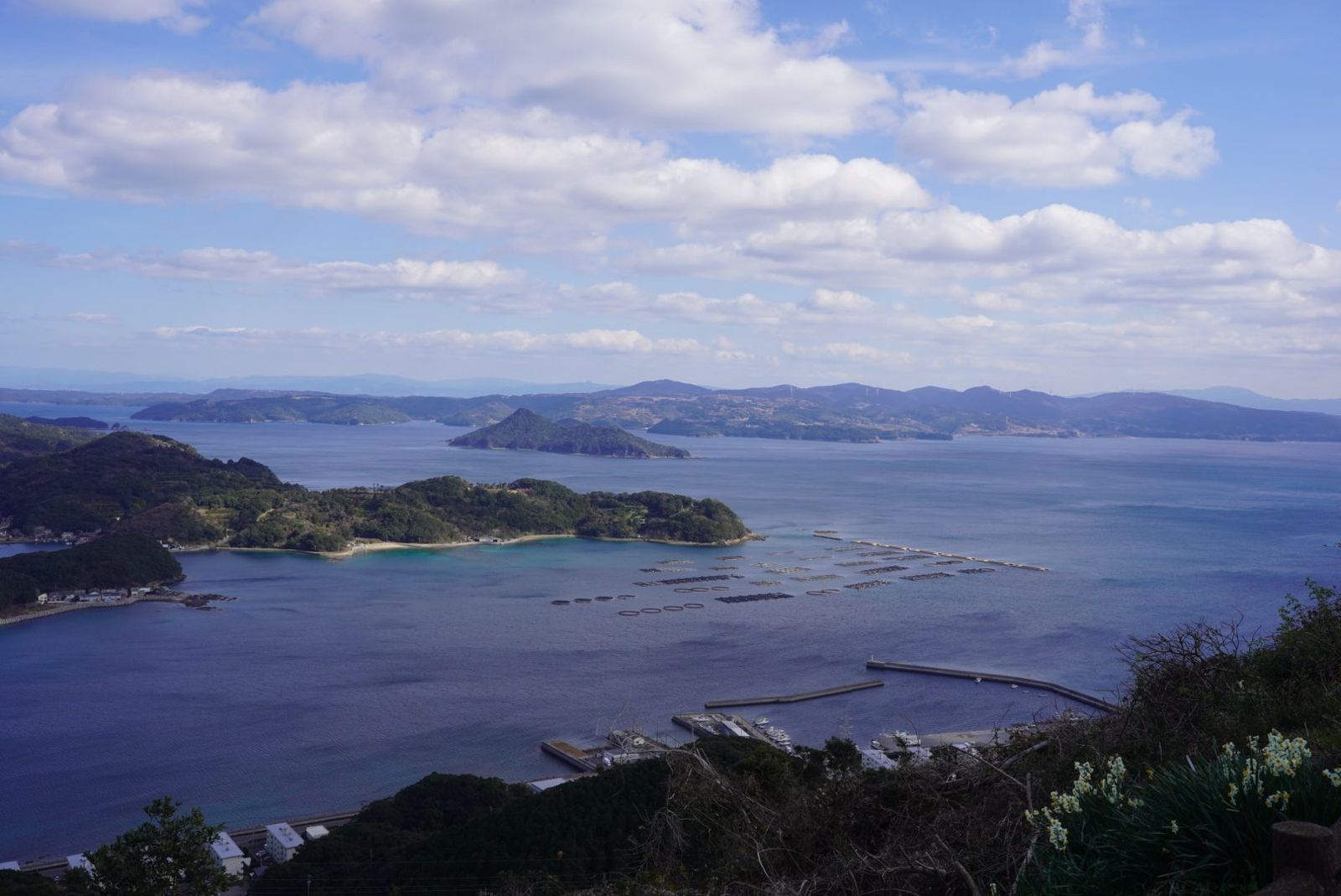 高台から見渡す島々と養殖いかだの浮かぶ海
